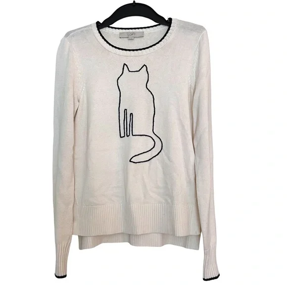 LOFT Cream Cotton Blend Crewneck Sweater with Embroidered Black Cat Silhouette - Picture 2 of 7